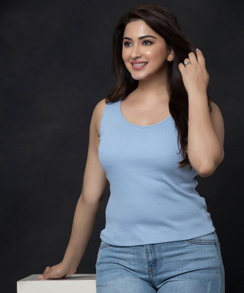 Rib Curved V-Neck Cami T-shirt- Light Blue